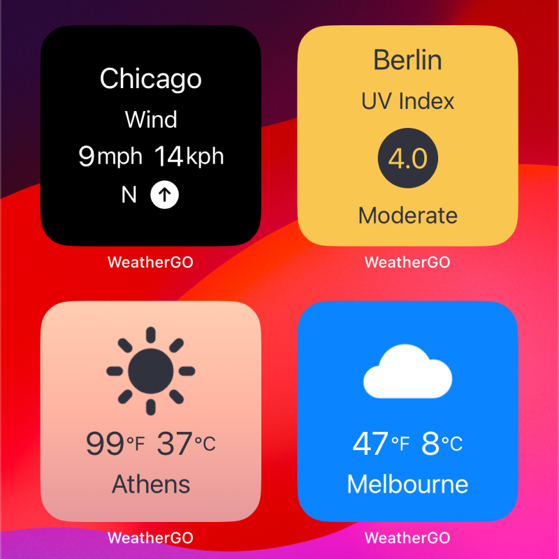 iOS Home Screen widget from WeatherGO displaying both Celsius and Fahrenheit
