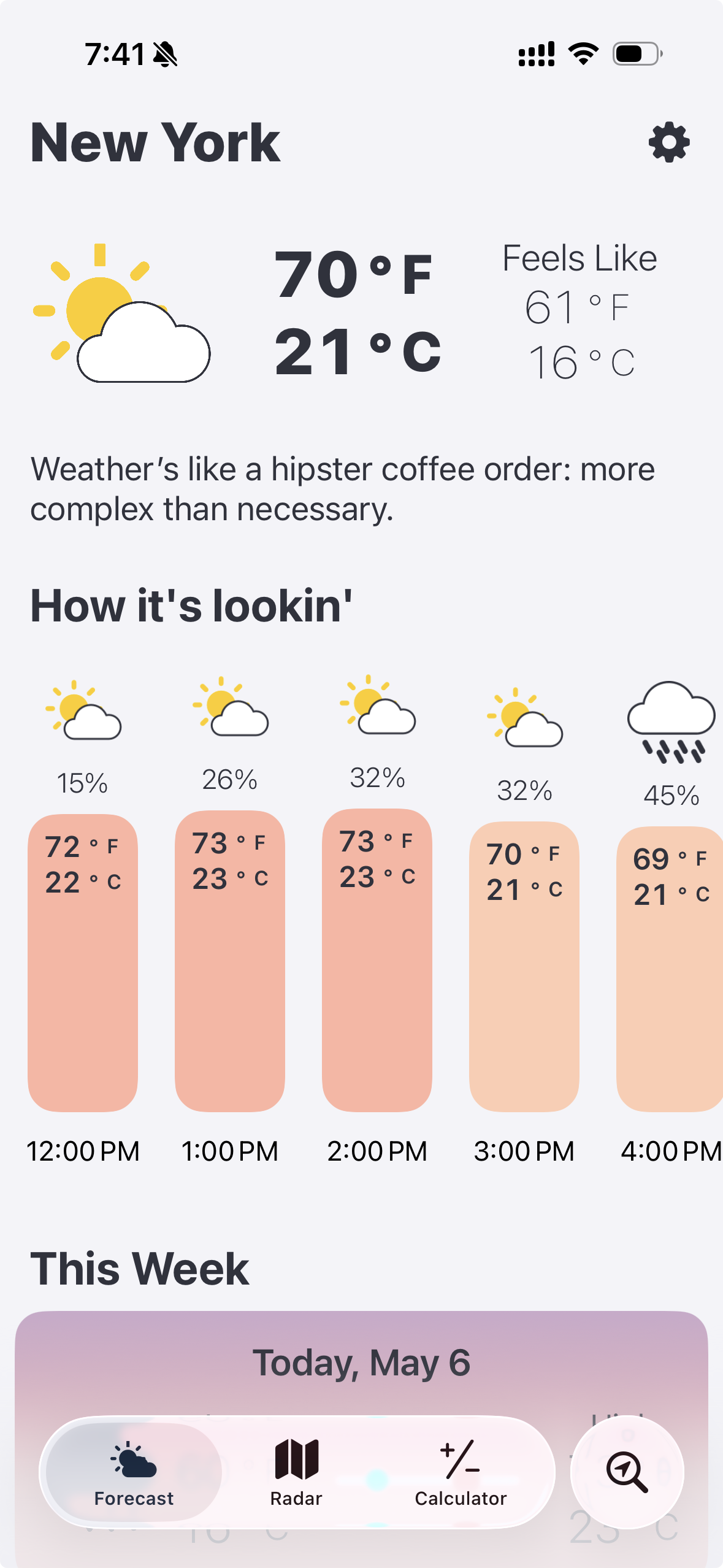 WeatherGO showing Celsius and Fahrenheit side by side