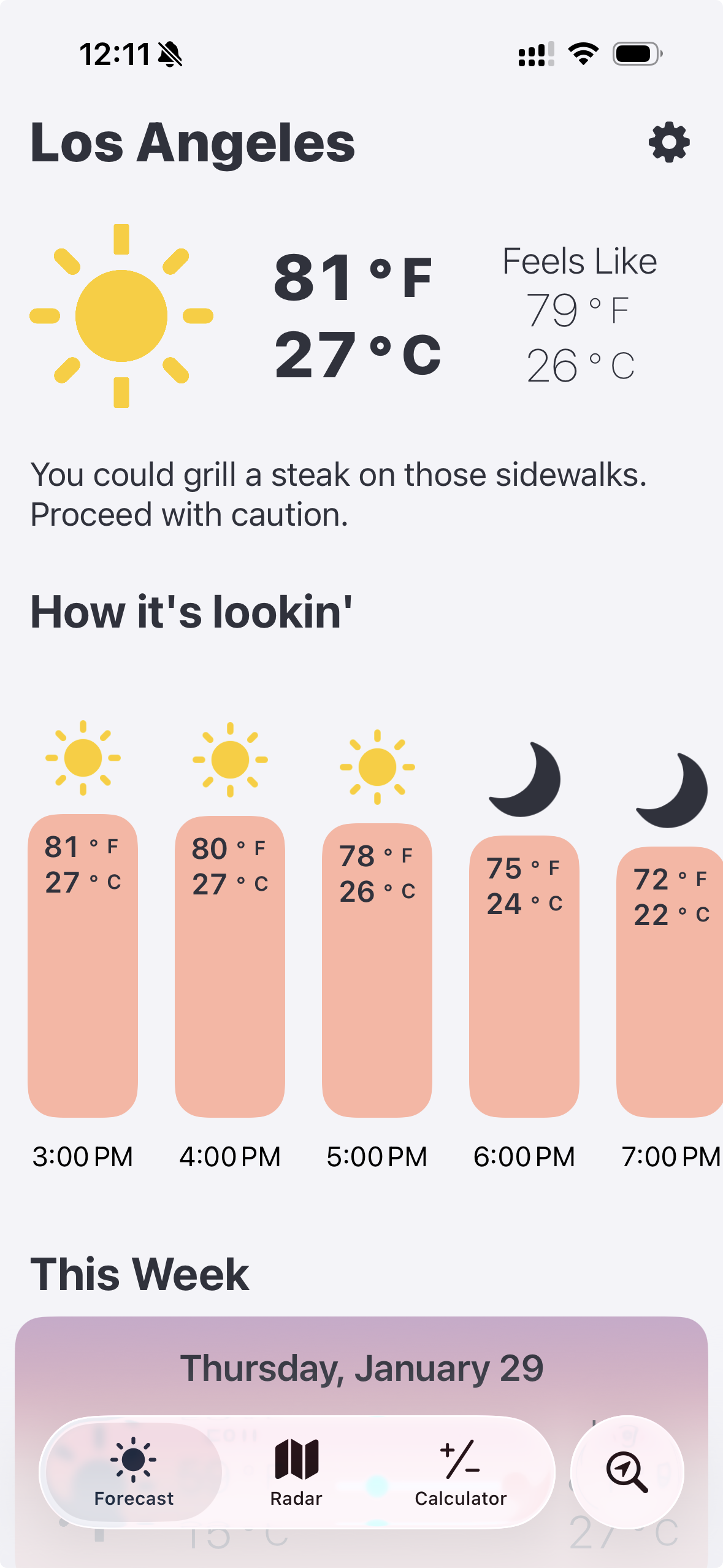 WeatherGO app showing Celsius and Fahrenheit together